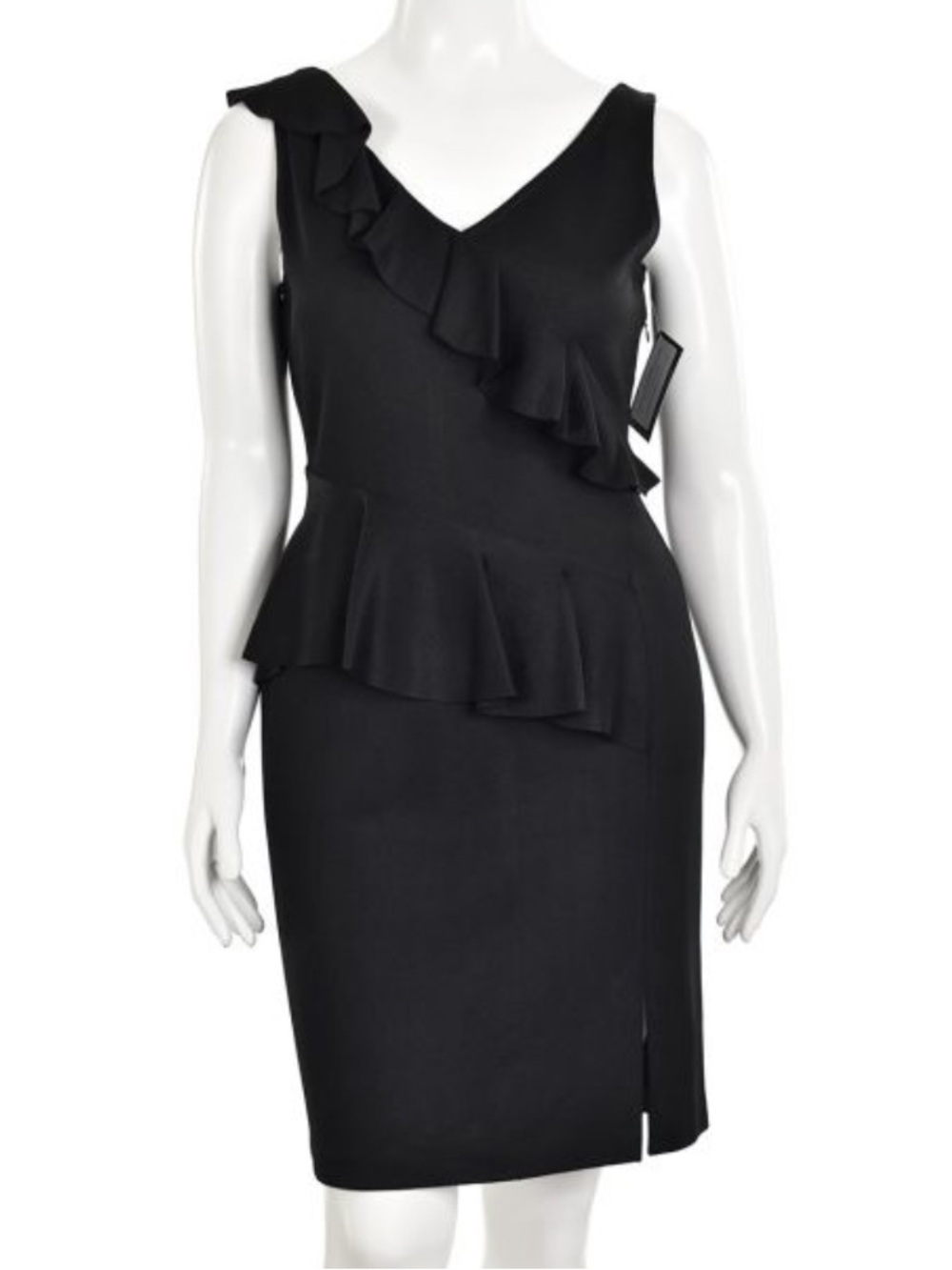 St. John Black Luster Knit Cocktail Sheath dress with Ruffles size 8